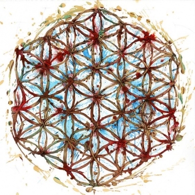 Diseño geométrico “Flor de la vida” realizado con té y tinta