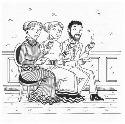 Dibujo de tres personas tomando el té