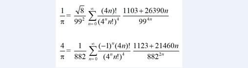 En la imagen se describen dos desarrollos en serie para el cálculo de aproximaciones del número π, ideadas por Ramanujan en 1910, y posteriormente publicadas en Inglaterra en 1914.