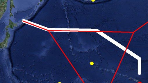 Los puntos de esta imagen representan las bases de EEUU en el Pacífico en 1941. El punto rojo es Pearl Harbor y los amarillos Aleutianas, Midway y Wake. Las líneas rojas corresponden con el diagrama de Voronoi de las 4 bases, las líneas blancas señalan la ruta seguida por la flota japonesa en el ataque
