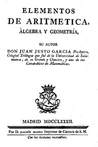Portada de los Elementos de aritmética, álgebra y geometría de J.  J. García