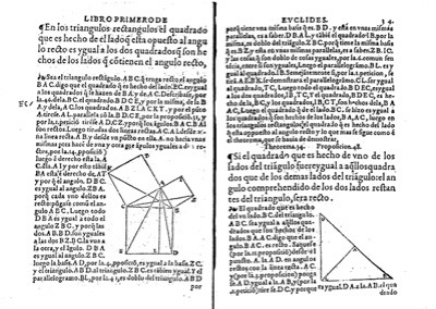 Teorema de Pitágoras Elementos Libro I prop. 47, versión  castellana de Zamorano (1576)