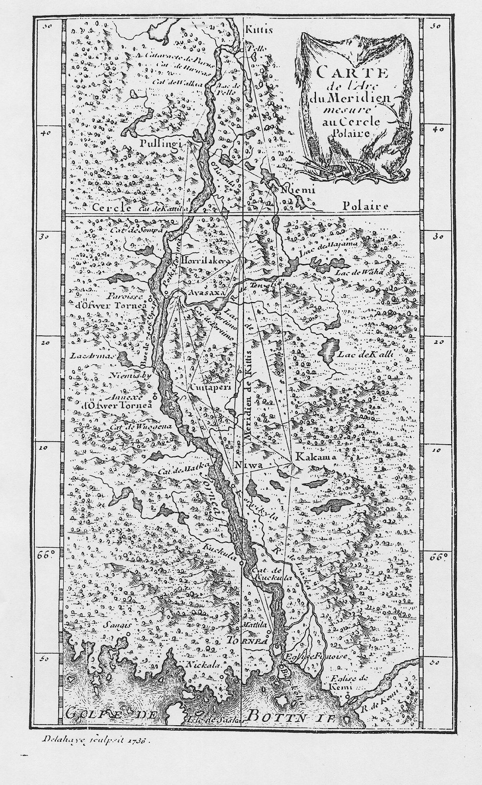 Mapa mostrando lo lugares donde realizó las medidas Maupertuis en su expedición a Laponia, en "La Figure de la Terre" (1738) http://commons.wikimedia.org/wiki/File:Maupertuis_map.jpg