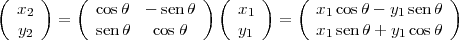 (     )   (               ) (     )   (                  )    x2   =    cosθ  - senθ      x1   =   x1 cosθ - y1senθ    y2        sen θ   cosθ       y1       x1 senθ + y1cosθ