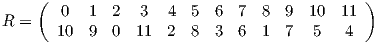     (                                         )       0   1  2  3   4  5  6  7  8  9  10 11R =    10  9  0  11  2  8  3  6  1  7  5   4