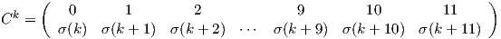       (                                                            )Ck =      0      1         2             9         10        11        σ(k)  σ(k + 1)  σ(k + 2) ⋅⋅⋅  σ(k + 9) σ (k + 10)  σ(k + 11)