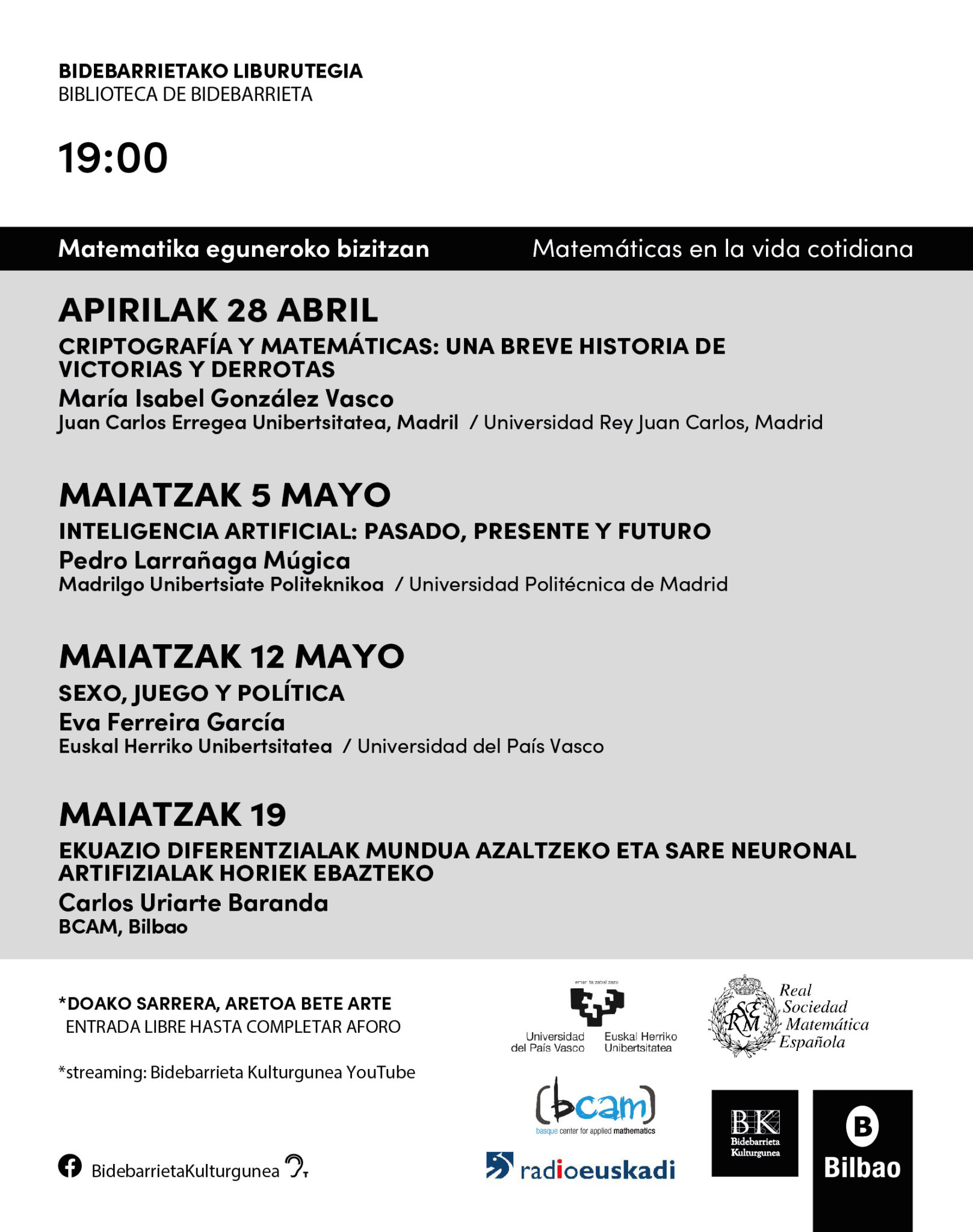 ciclo de conferencias Matematika eguneroko bizitzan / Matemáticas en la vida cotidiana  2022