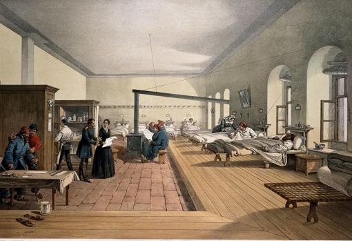 Litografía de una sala del Hospital de Scutari donde Nightingale trabajó,