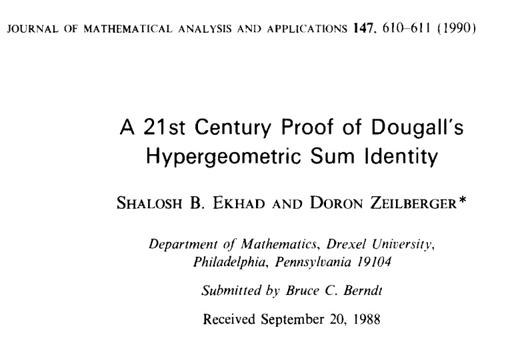 Primera página del primer artículo de Shalosh B. Ekhad con Doron Zeilberger en 1990